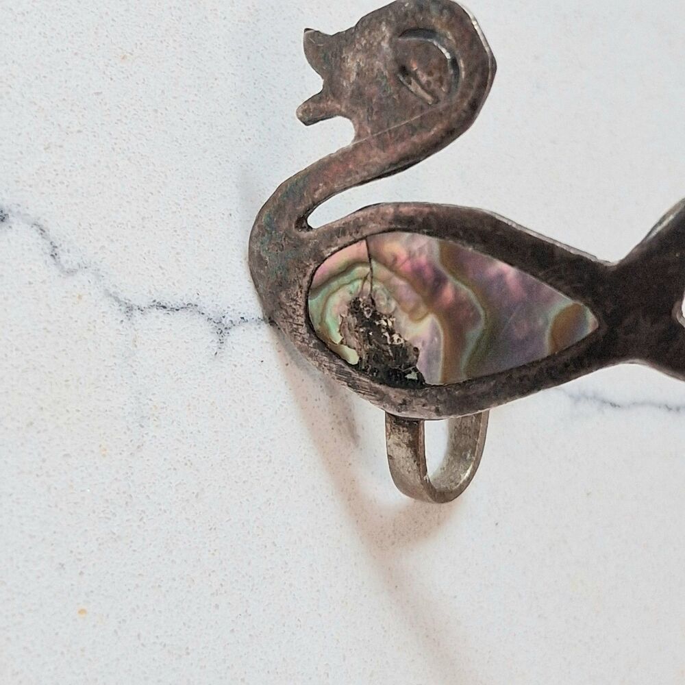 Vintage Sterling Silver Mexico Taxco Abalone Screwback Earrings Bird Duck READ - Picture 3 of 6